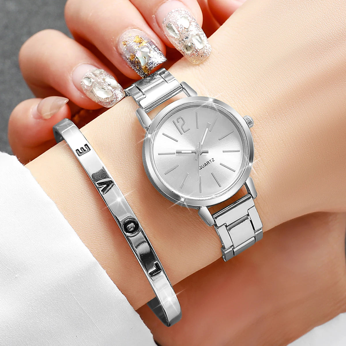 6 Pçs/set Moda Feminina Relógios Simples Pequeno Mostrador Relógio de Quartzo Pulseira Conjunto Reloj Mujer (Sem Caixa) Qme Silver