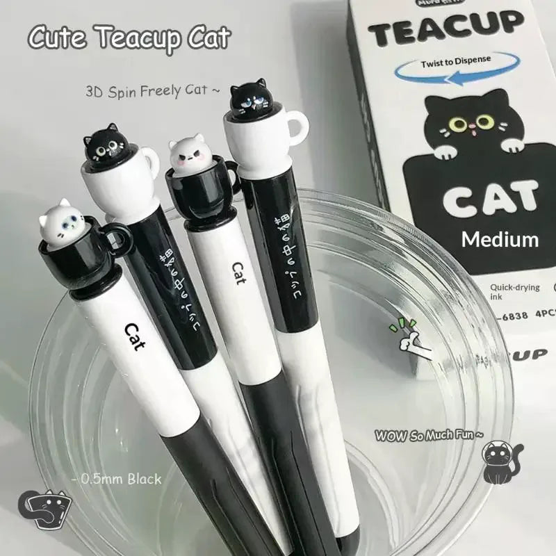 Cute Teacup Cat Gel Pens Fun Animal Quick Dry Pen Creative Rotating Qme