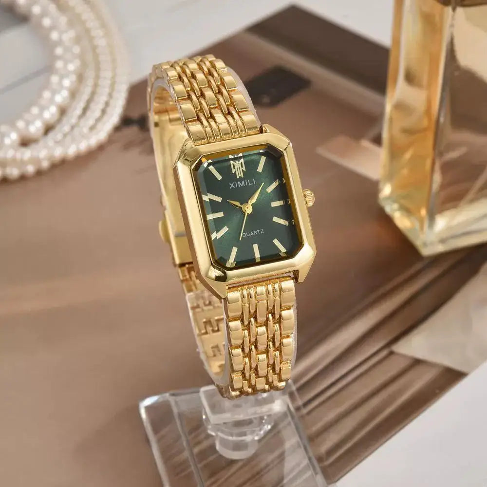 5-piece set - Fashionable square women's quartz watch with bead bracelet design, alloy case and strap, no battery required Qme