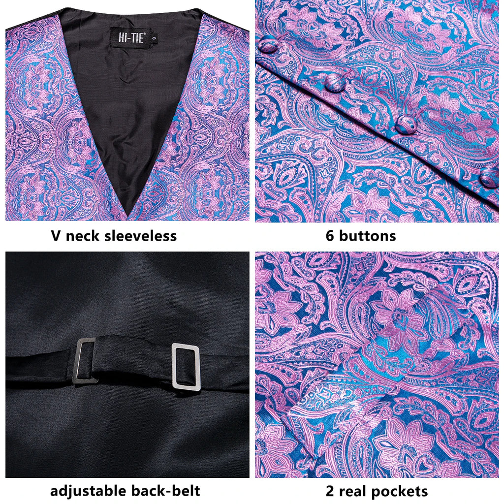 Wedding Purple Men Vest Paisley Floral Necktie Handkerchief Cufflinks Qme
