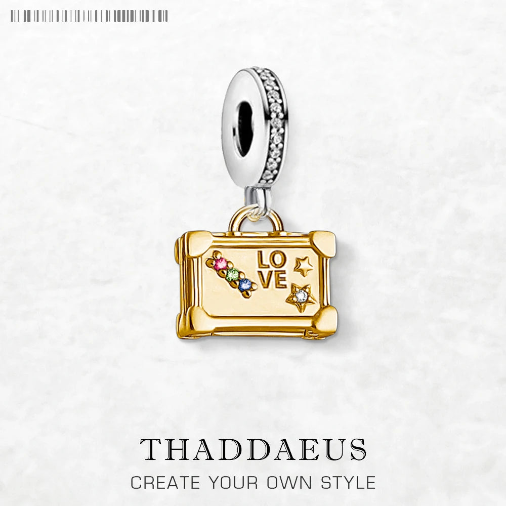 Vintage Suitcase Golden Pendant 925 Sterling Silver Dangle Charm Women Men Fine Jewelry Qme Ring