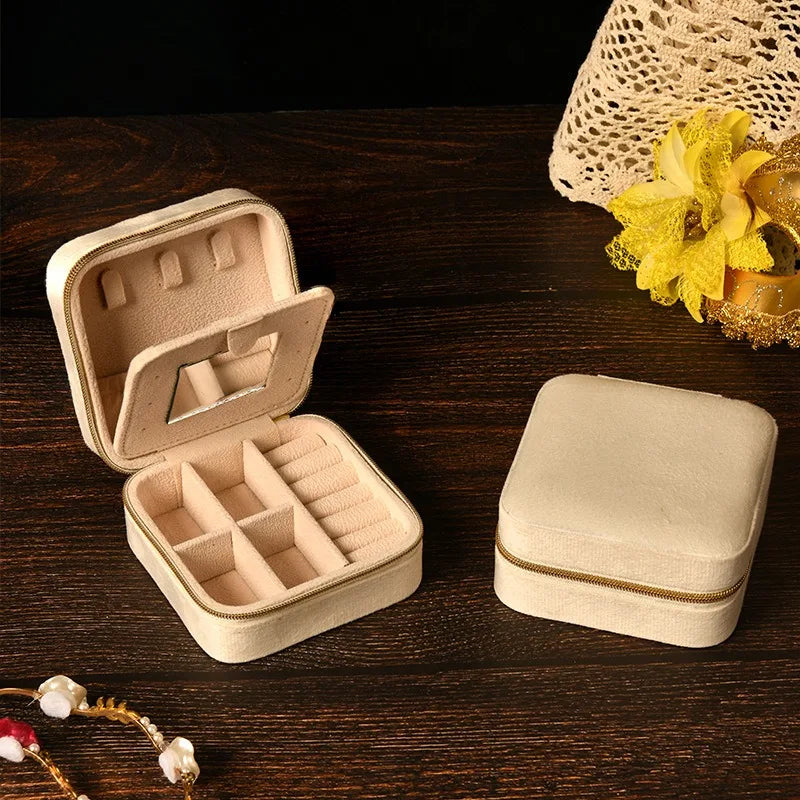 Velvet Jewelry Box For Women and Girls Necklace Ring Earrings Travel Portable Zipper Square Jewelry Storage Case with Mirror Qme Beige