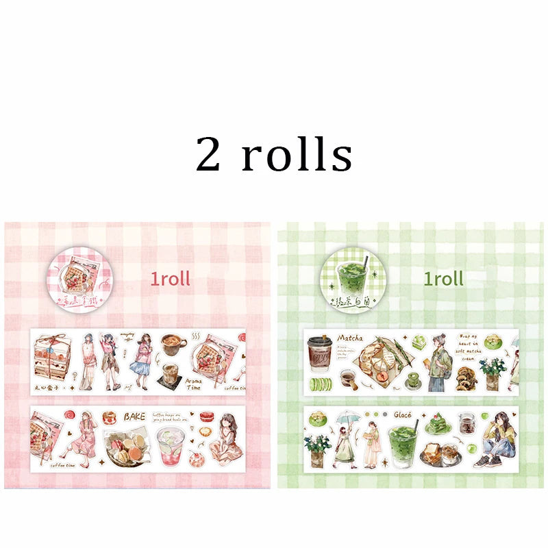 Healing Lifestyle Decorative Tape With Girly and Food Themed Elements, Perfect for Junk Journal Crafting and Back-to-School Gift Qme 2 rolls-A