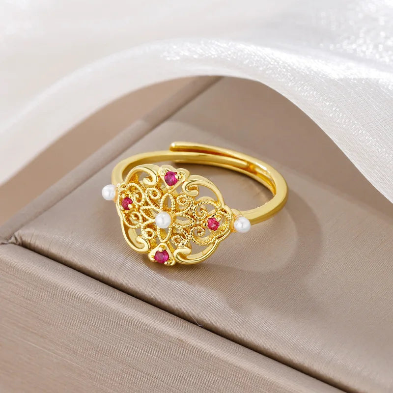 New Chinese Style Retro Palace Auspicious Ring with Adjustable Exquisite Temperament and Versatile Ring Jewelry Qme Gold
