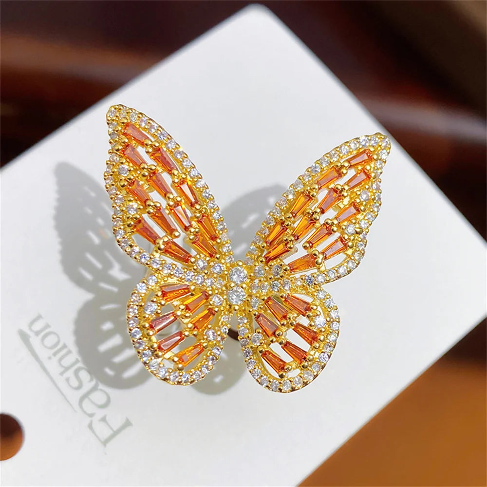 Personalized Colorful Butterfly Zircon Large Ring Adjustable Cute Luxury Shining Butterfly Ring Banquet Jewelry Qme jincheng