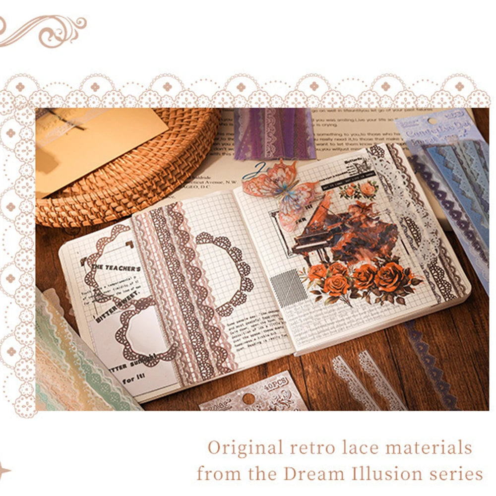 40 pcs Lace Stickers Cute Aesthetics Decor Collage Junk Journal Scrapbooking Supplies Self Adhesive Creative Stationery Sticker Qme
