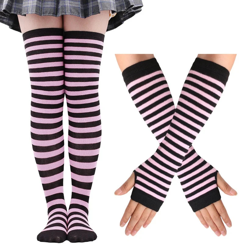 Women Girls Over Knee Long Stripe Thigh Cotton Gothic Lolita Socks Qme black pink One Size