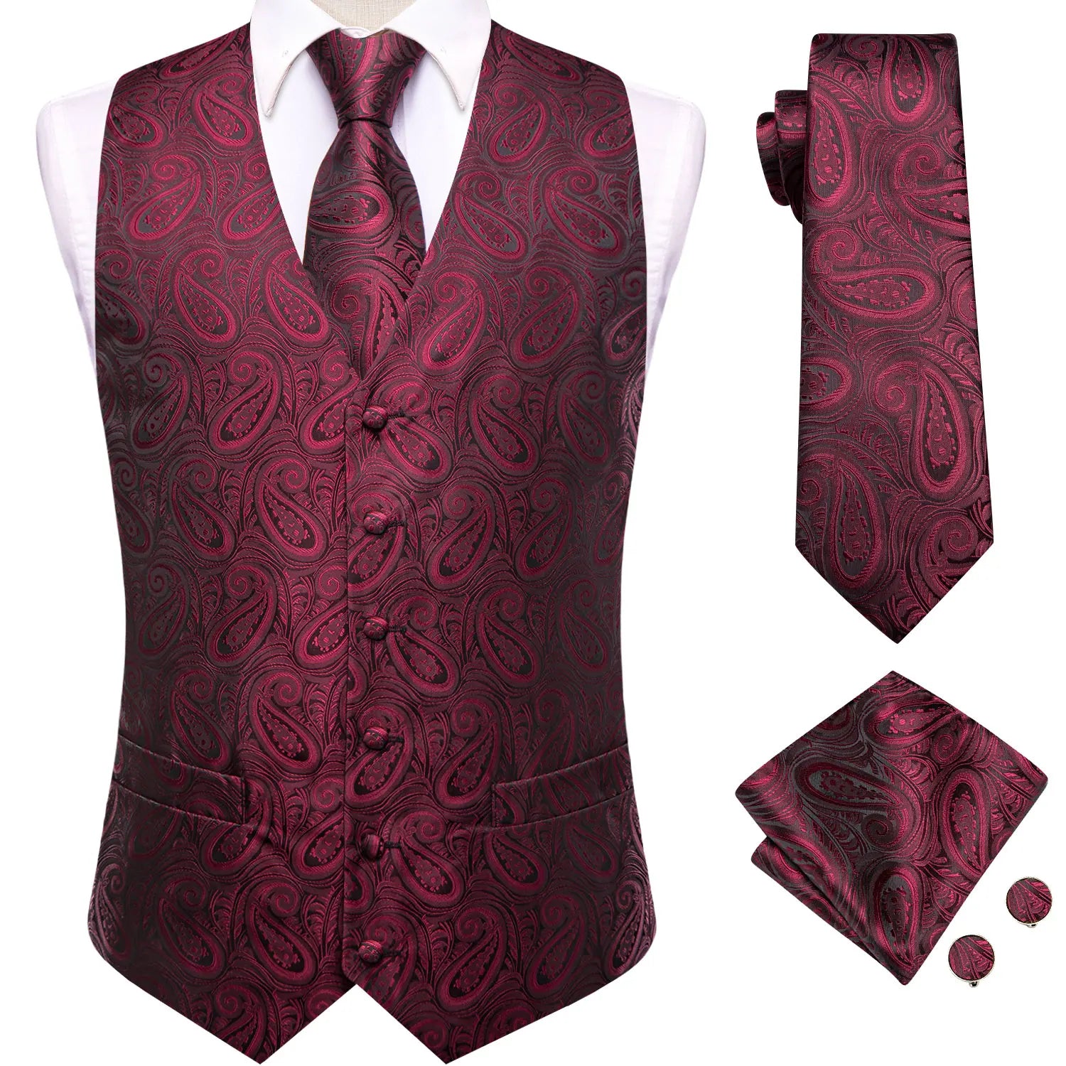Stylish Color Paisley Waistcoat Set for Men – Single Breasted Vest with Matching Tie Perfect Weddings and Galas Qme HT-MJ-0084 XXXL