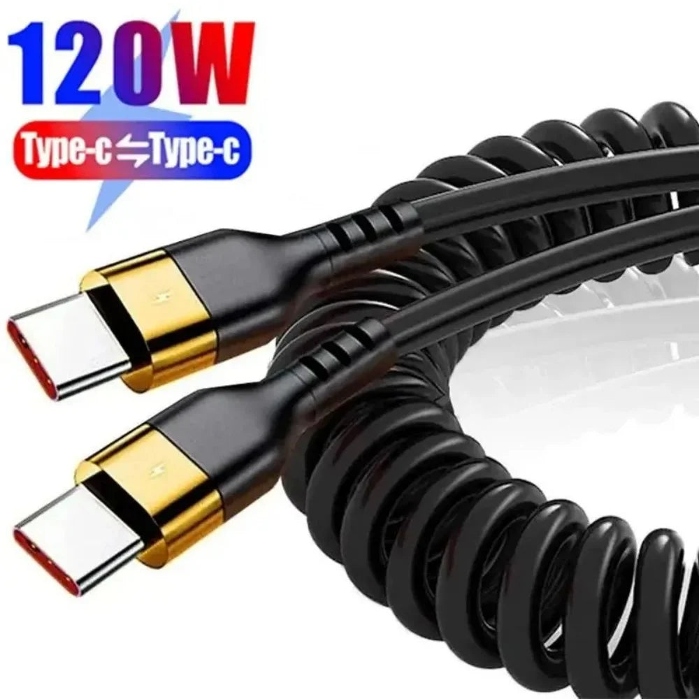 120W USB-C to Type C Fast Charge Spring Cable Retractable Car Charger Data Cord for iPhone 17/16/15 Samsung Xiaomi Type-C Phone Qme