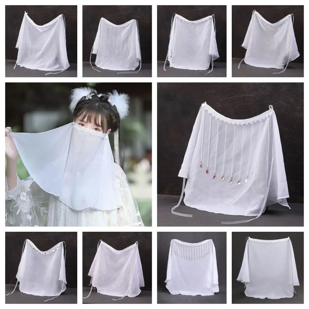 Elegant Ancient Headwear Hanfu Face Veil Crystal Tassel Covering Qme