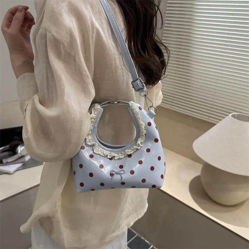 Light Polka Dot PU Leather Bag With Lace Ruffled Handle Cute Bow For Daily Shopping Dating Outings Qme