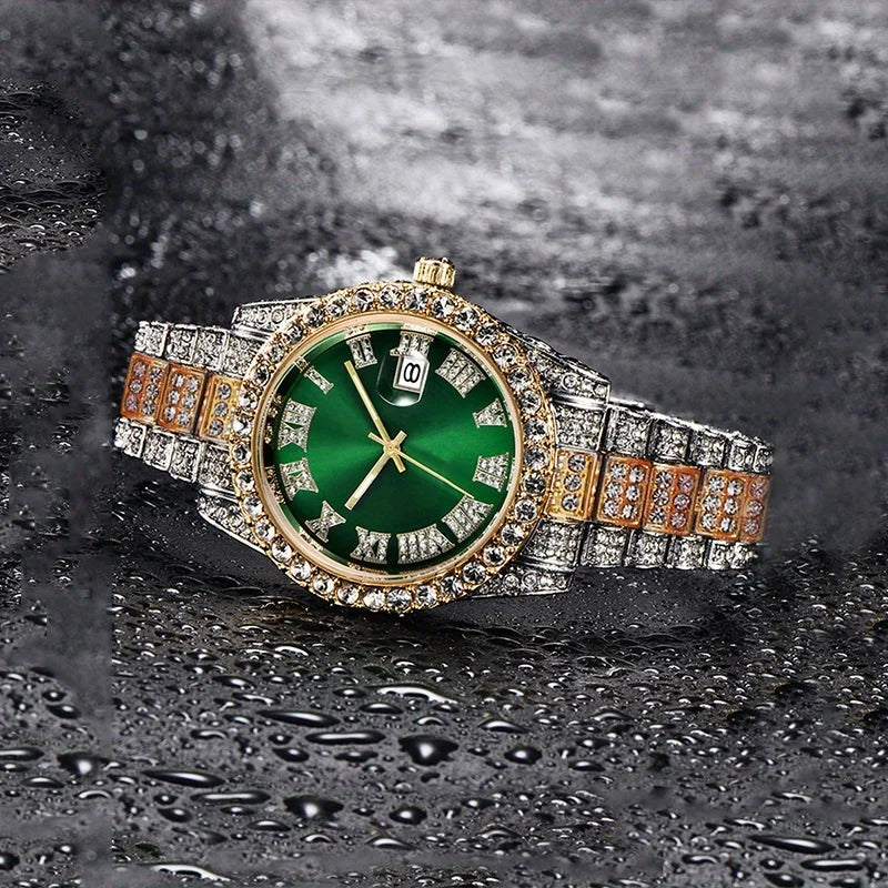 A08095-2 Full Faux Diamond Iced Out Steel Strap Large Dial Quartz Watch Hip Hop Watch Qme Coffee No
