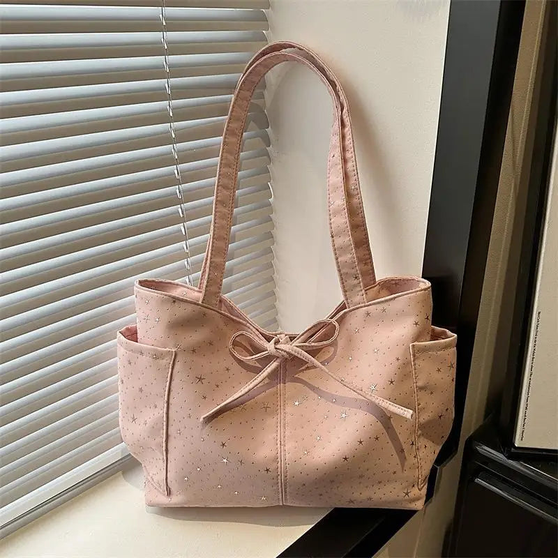 Light Blue Tote Bag With Glitter Star Pattern Bow Decor Multi Pockets For School Shopping Daily Outings Travel Qme A3
