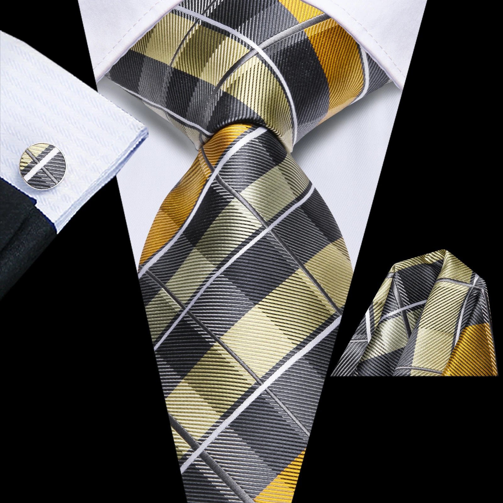 Hi-Tie Men Fashion Necktie Yellow Orange Brown Handkerchief Cufflinks for Tuxedo Accessory Classic Silk Luxury Gift Tie Qme HT-N-0208
