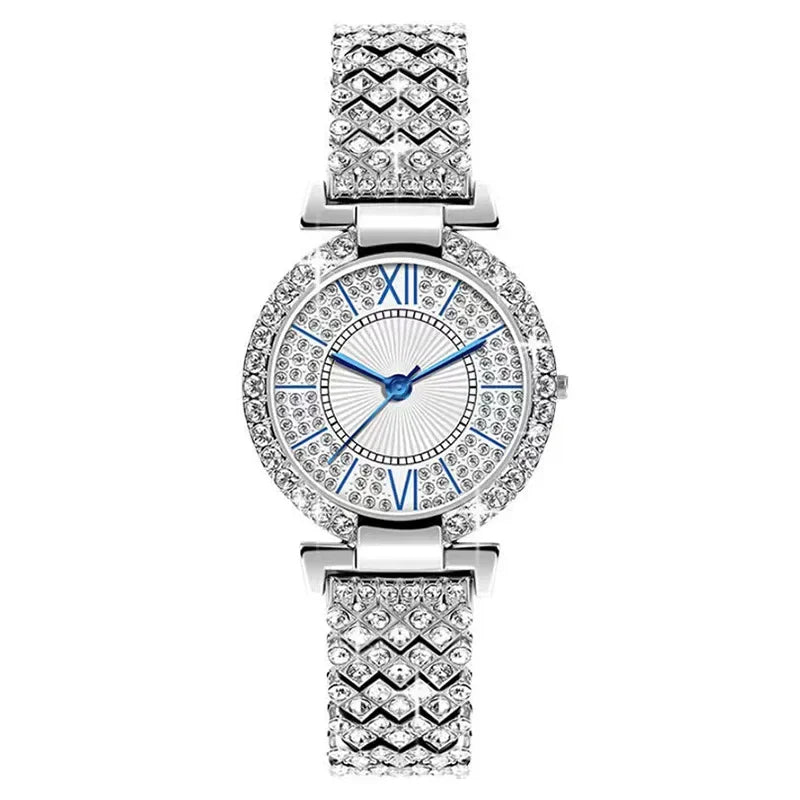 Ladies' Quartz Full Diamond Roman Watch Fashion Starry Sky Round Bracelet Watch High Beauty Women's Watch Qme Silver