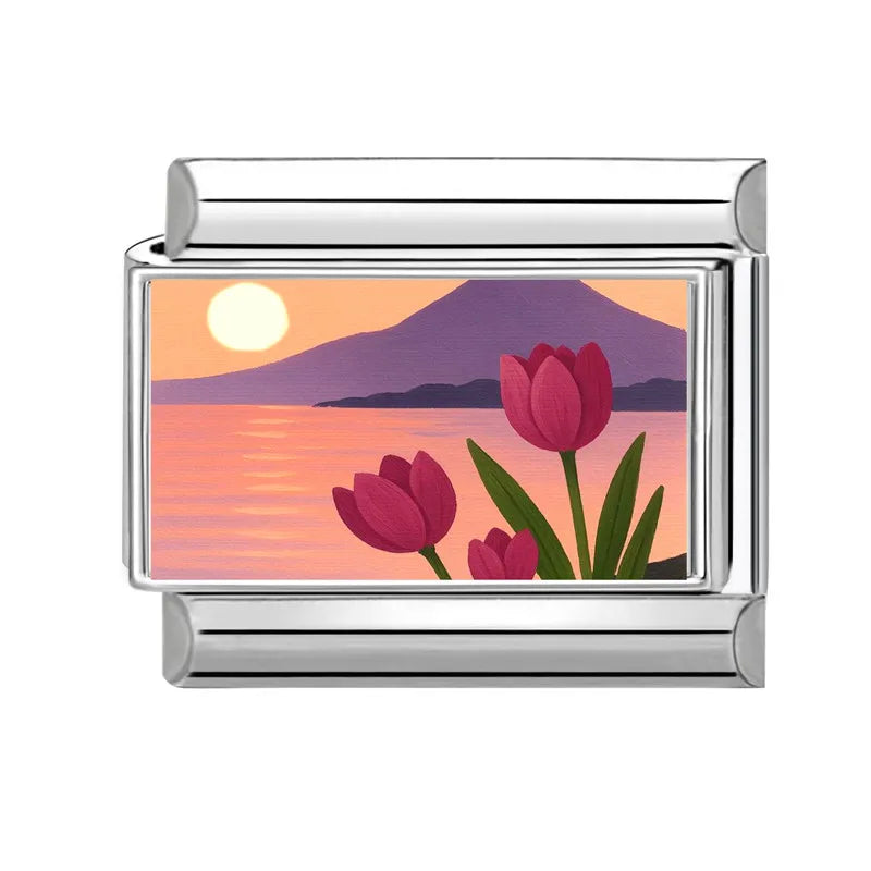 Fashion Lake Sunset Scenery Tulips Flowers Heart Italian Charm Links Fit 9mm Stainless Steel Bracelet Women Jewelry DIY Making Qme Style 5