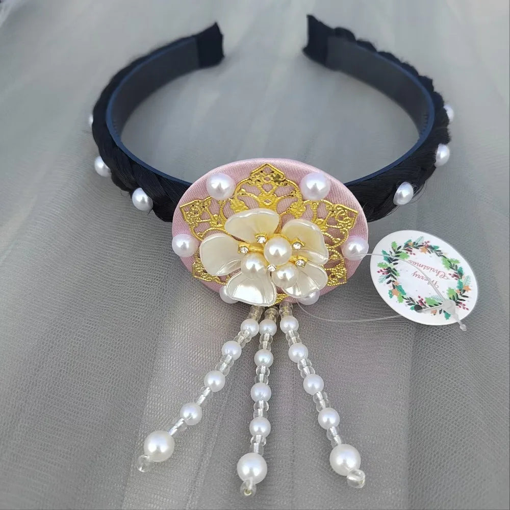 Fashion Flower Korean Headband Pearl Tassels Hanbok Hairband Qme pink