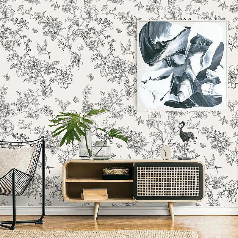 Black White DIY Floral Wallpaper Peel Stick Contact Paper Flowers Qme