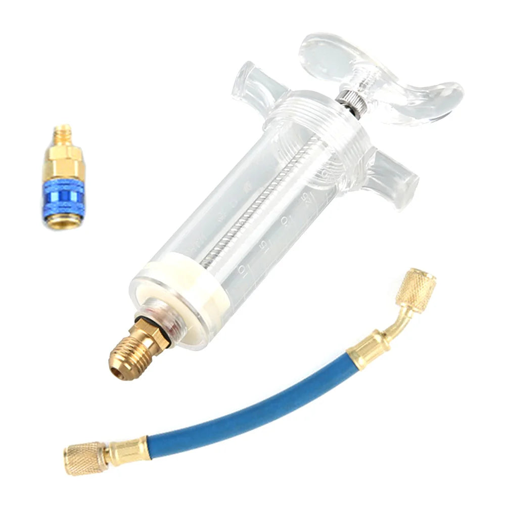 Car A/C Oil and Dye Injector 30ml with R-134a Low Side Quick Coupler Adapter 1/4" SAE Coolant Filling Tube Injection Tool Qme