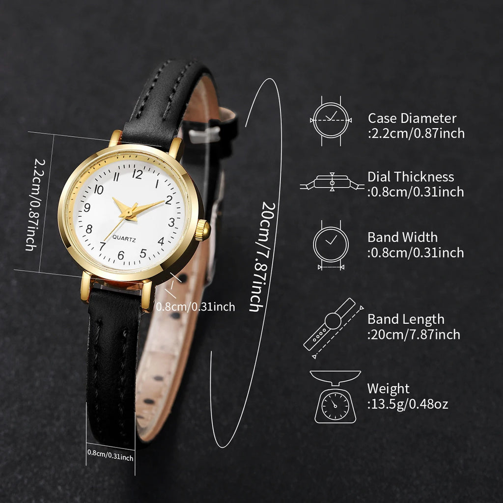 Hot Sale 2Pcs Gold Women's Watch & Bracelet Set, White Dial Watch with Black Strap + Black Heart Bracelet, Elegant Style Qme