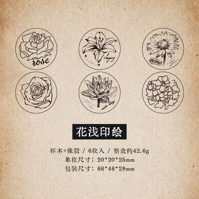 6 pcs Cartoon Text Flowers Week Wooden Rubber Stamp Scrapbooking Deco DIY Craft Standard Wooden Stamps Set Qme A