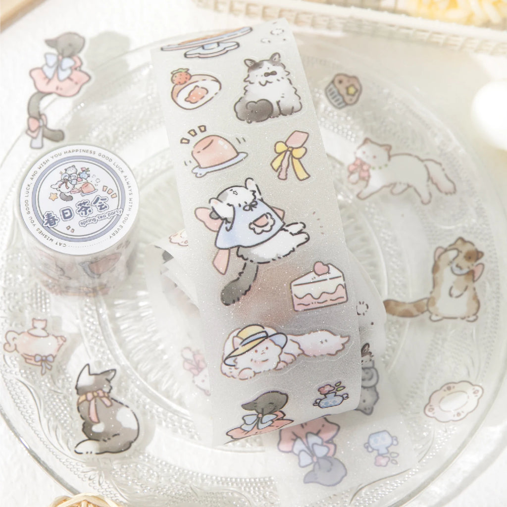 1 Roll Kawaii Cute Line Drawing Cat Theme Glitter PET Tape for Scrapbooking DIY Background Decor Collage Phone Case Notebook Qme
