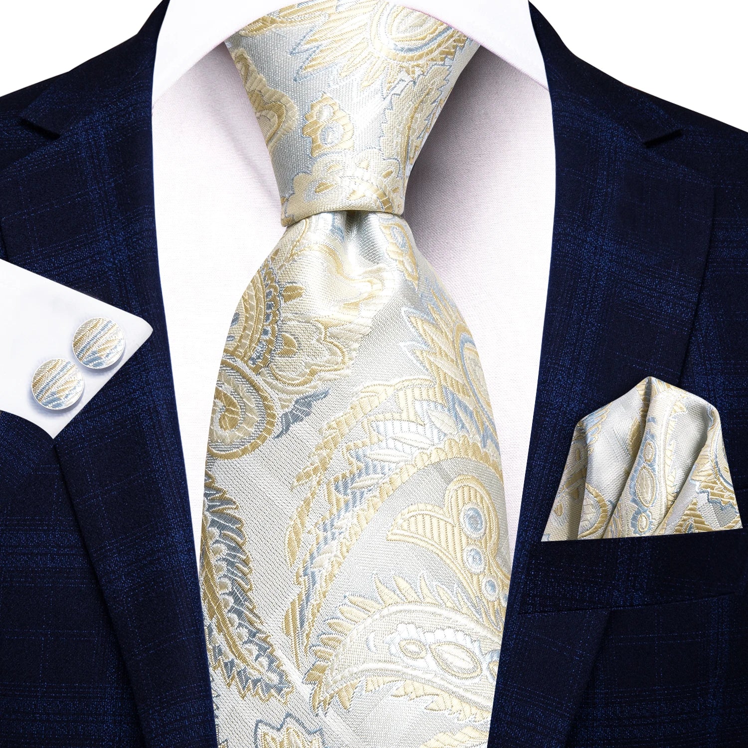 Hi-tie Floral Champagne Ivory Mens Elegant Necktie Handkerchief Qme N-3793