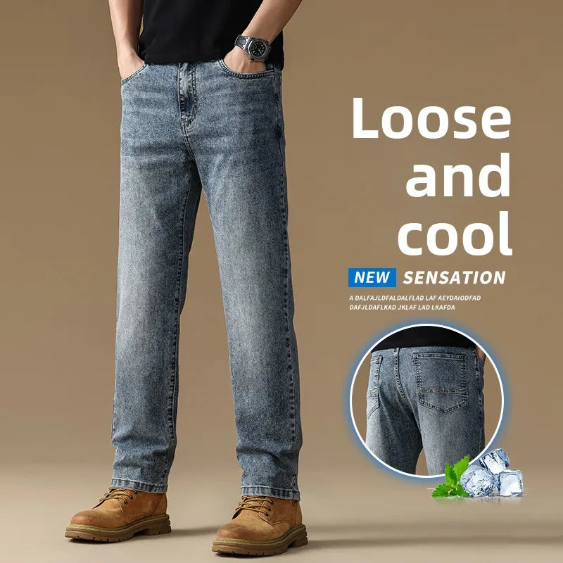 Summer new men's lyocell straight-leg casual versatile thin stretch fashion jeans Qme