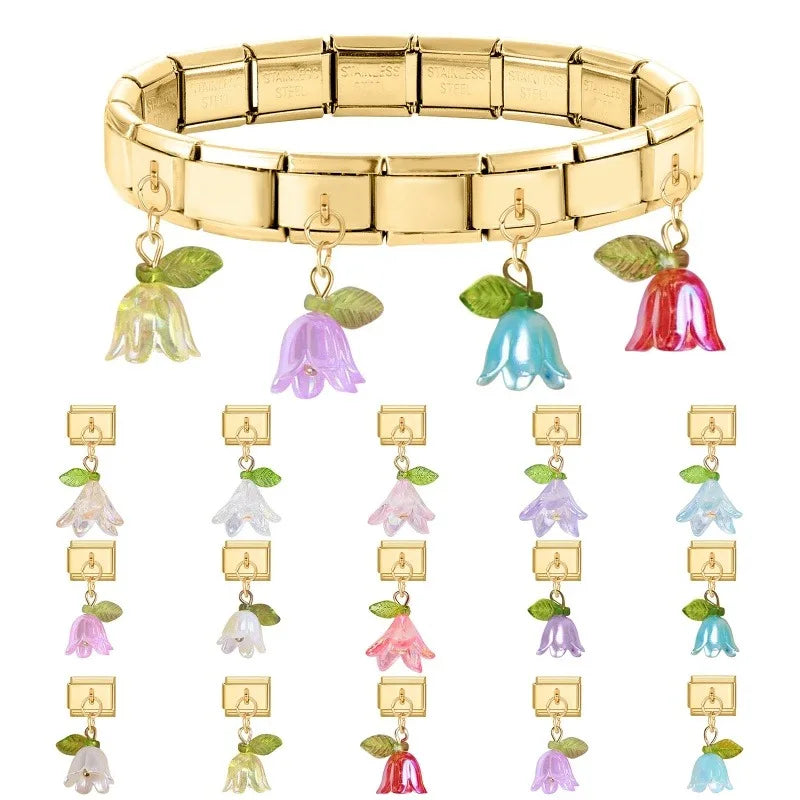 Fashion Colorful Lily Of The Valley Golden Pendant Italian Charm Link Fit 9mm Bracelet Stainless Steel Women Men DIY Making Gift Qme