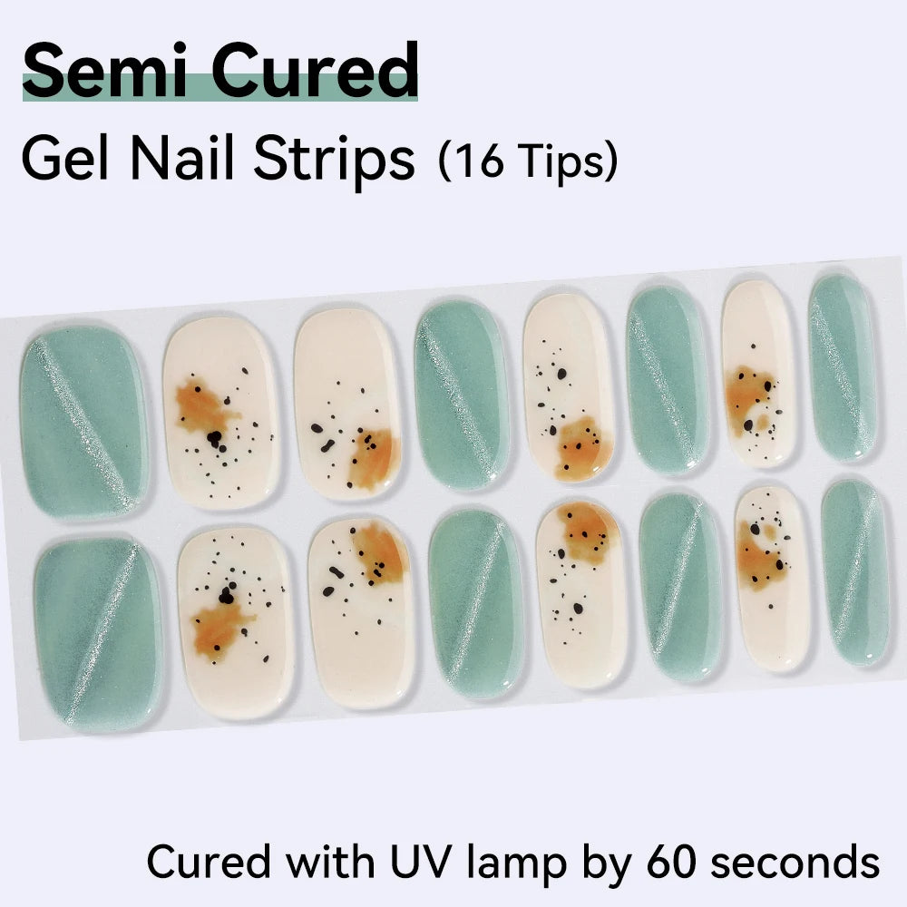 16Tips Semi-cured Gel Nail Sticker Colorful French Glitter UV LED Qme NF250009