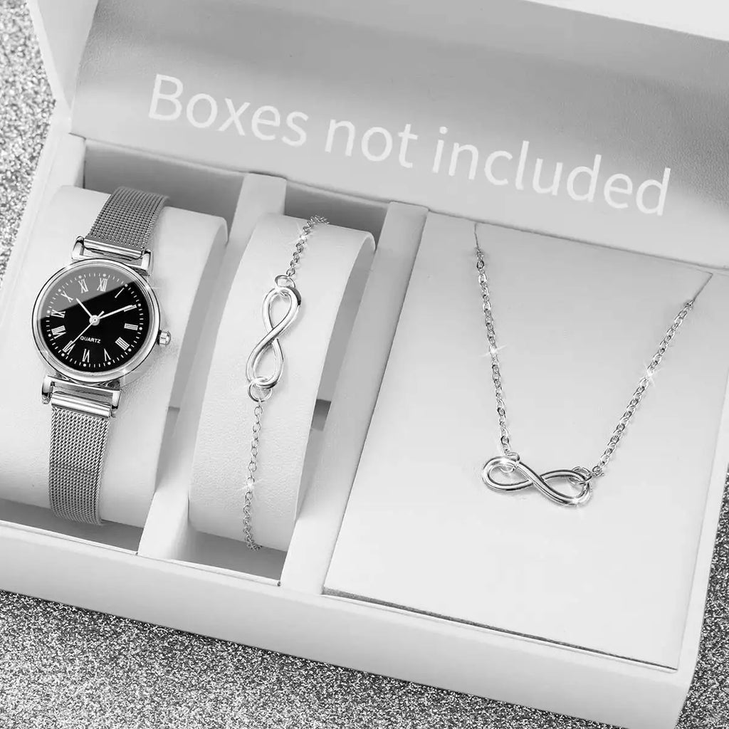 3PCS Fashion Roma Dial Women Watches Silver Mesh Band Quartz Wristwatches Jewelry Set Qme black No