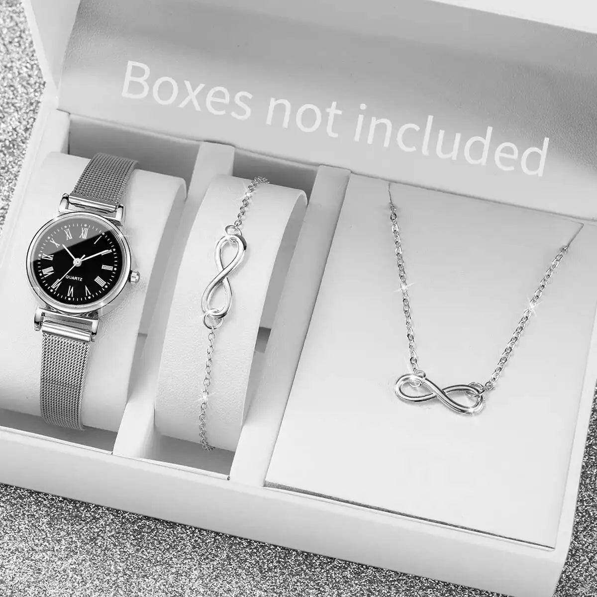 3PCS Fashion Roma Dial Women Watches Silver Mesh Band Quartz Wristwatches Jewelry Set Qme black No