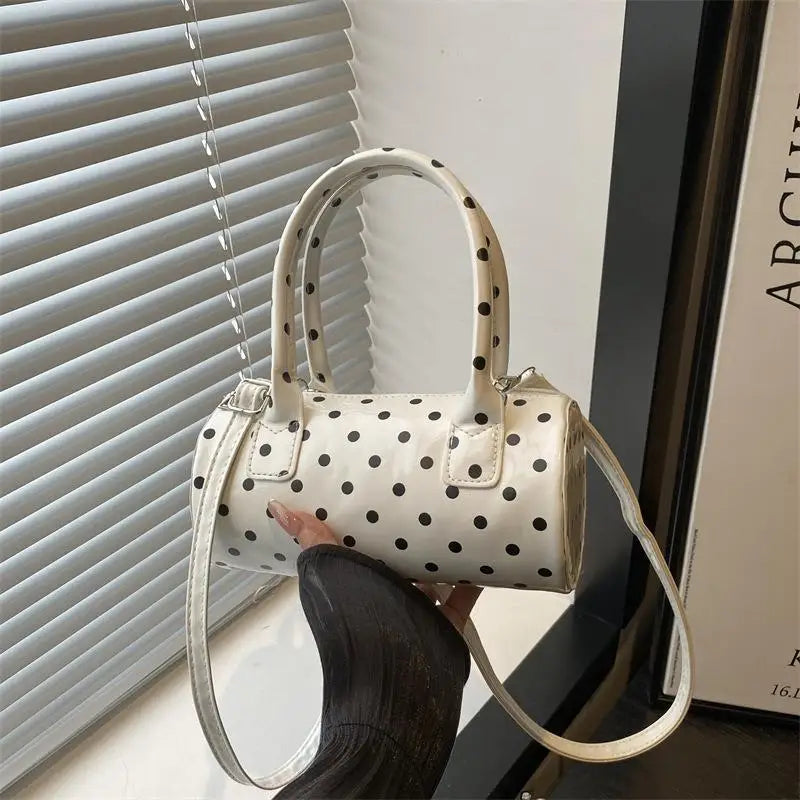Korean Polka Dot Crossbody Bag Barrel Shape Mini Handle Purse Daily Casual Shoulder Bag Women's Cute Elegant Underarm Bag Qme White