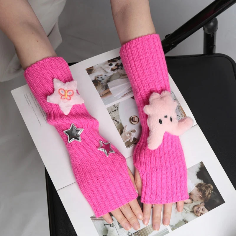 1 Pair of Girls Cute Fingerless Gloves with Star Decoration Fashionable Accessory Gloves Casual Long Wrist Punk Gothic Gloves Qme rose pink