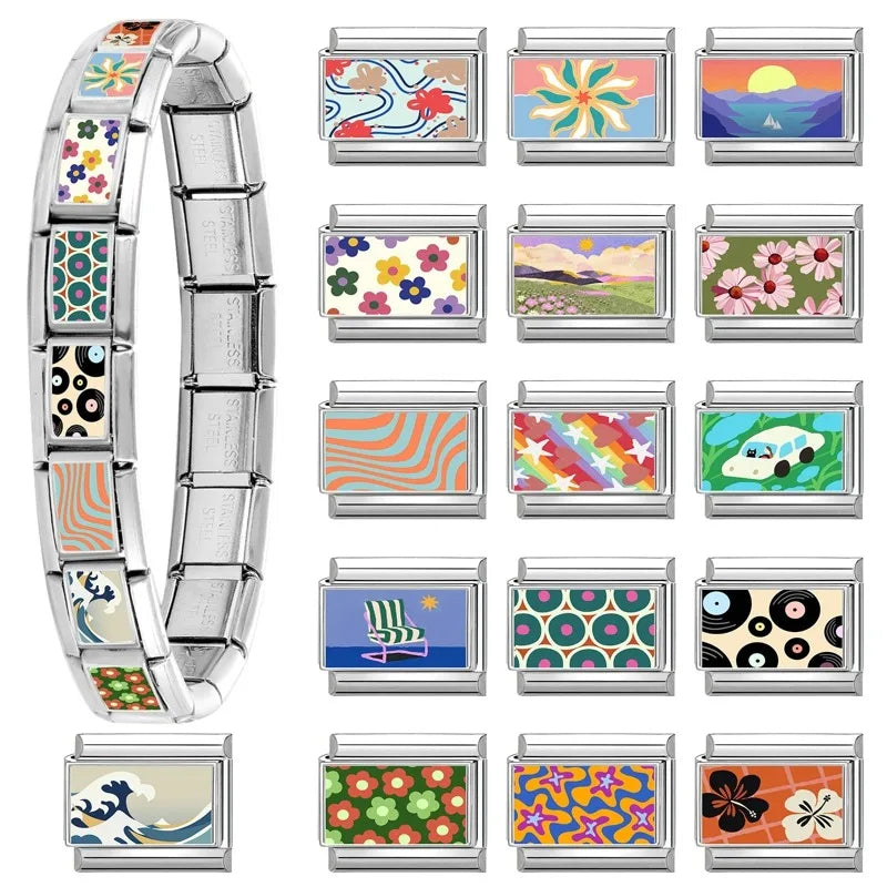 2026 Women's Gift Ukiyoe Seawaves Mount Fuji Italian Charms Links Beads Fit 9mm Stainless Steel Modular Modular Bracelet Jewelry Qme