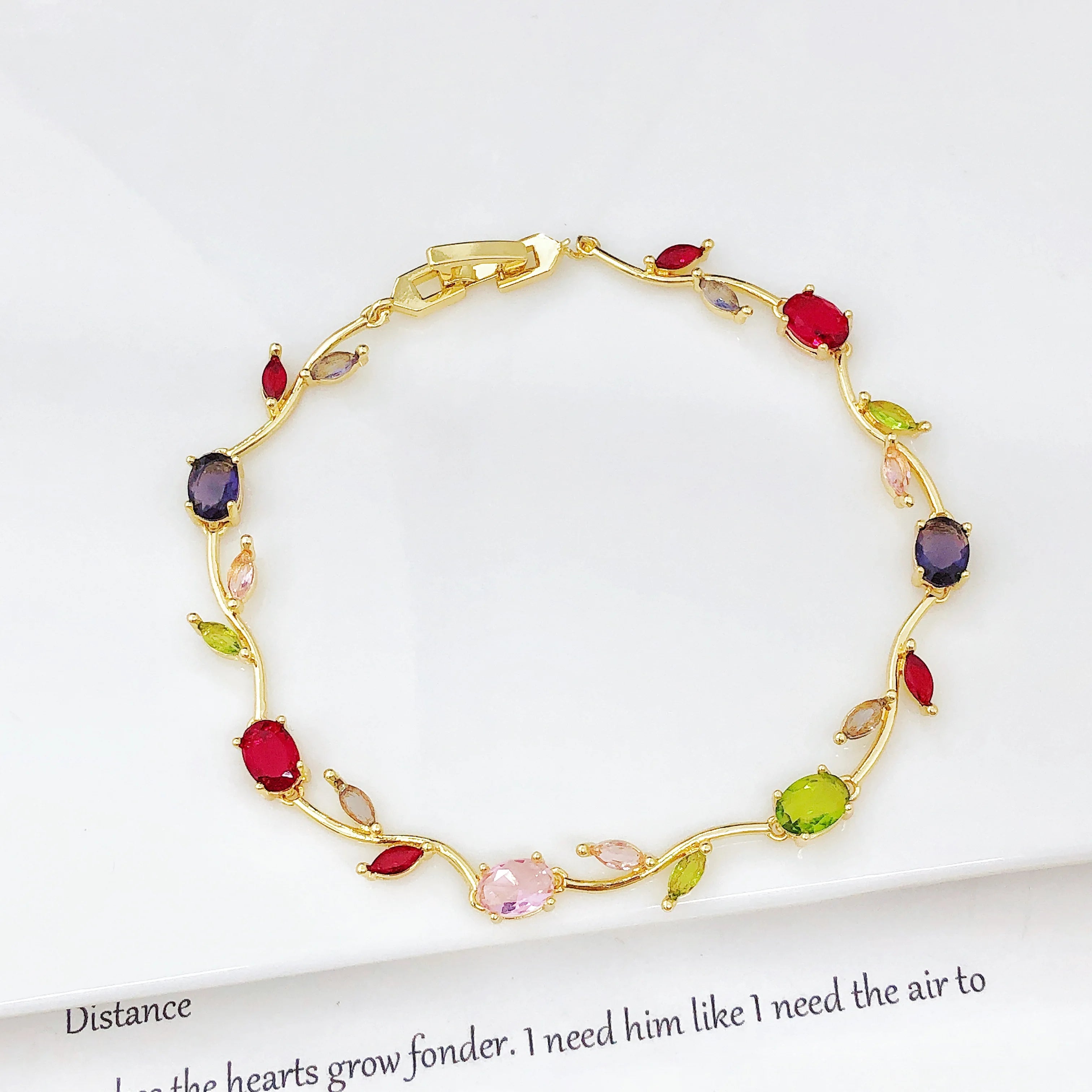 Colorful Trendy Charm Crystal Leaf Vine Flower Rhinestone Bracelet Luxury for Women Girl Party Wedding Gold-Plated Jewelry Gift Qme 5 21cm