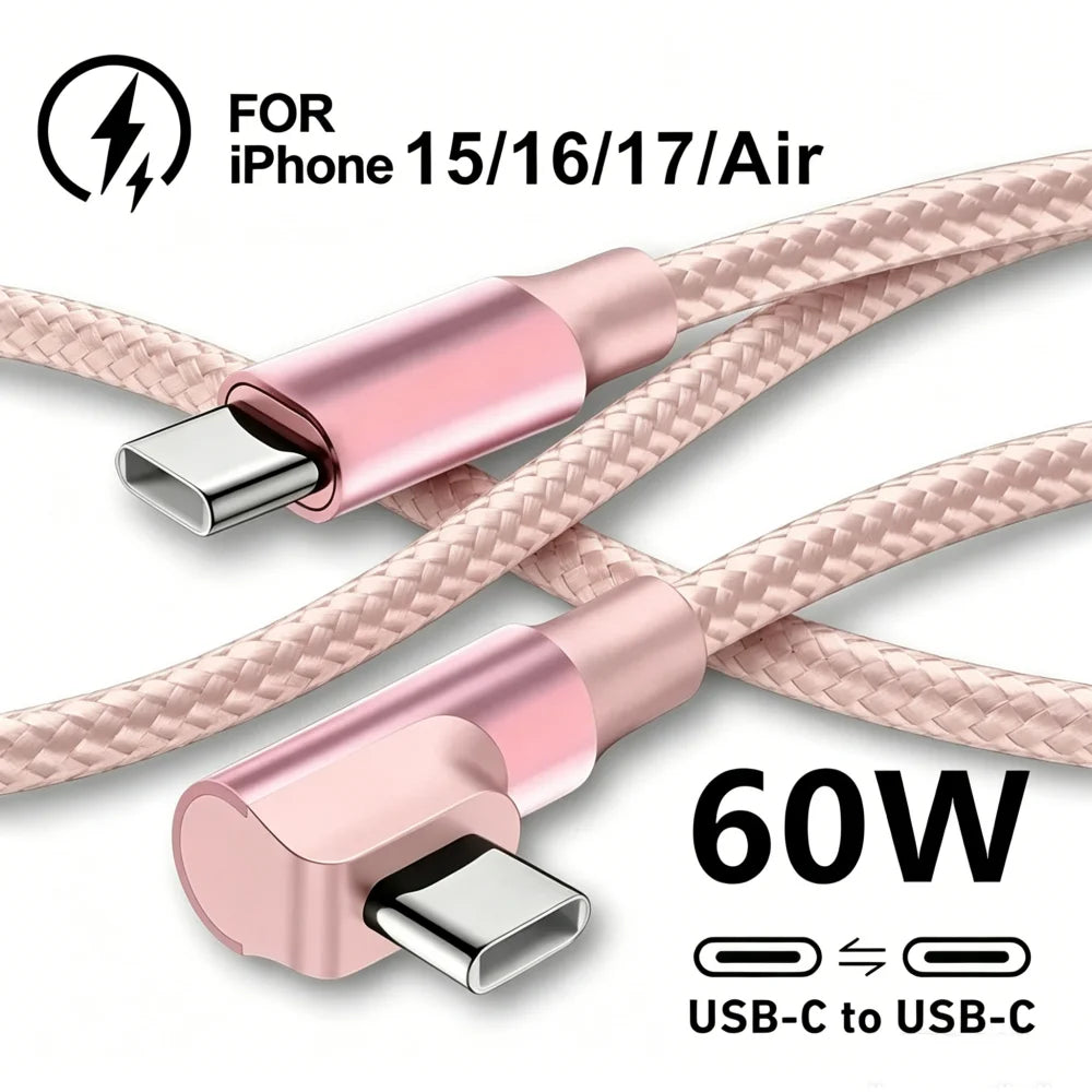 PD 60W 90 Degree Elbow Type C To Type C Fast Charging Cable USB C QC3.0 Data Line for iPhone Samsung Xiaomi Redmi POCO OnePlus Qme