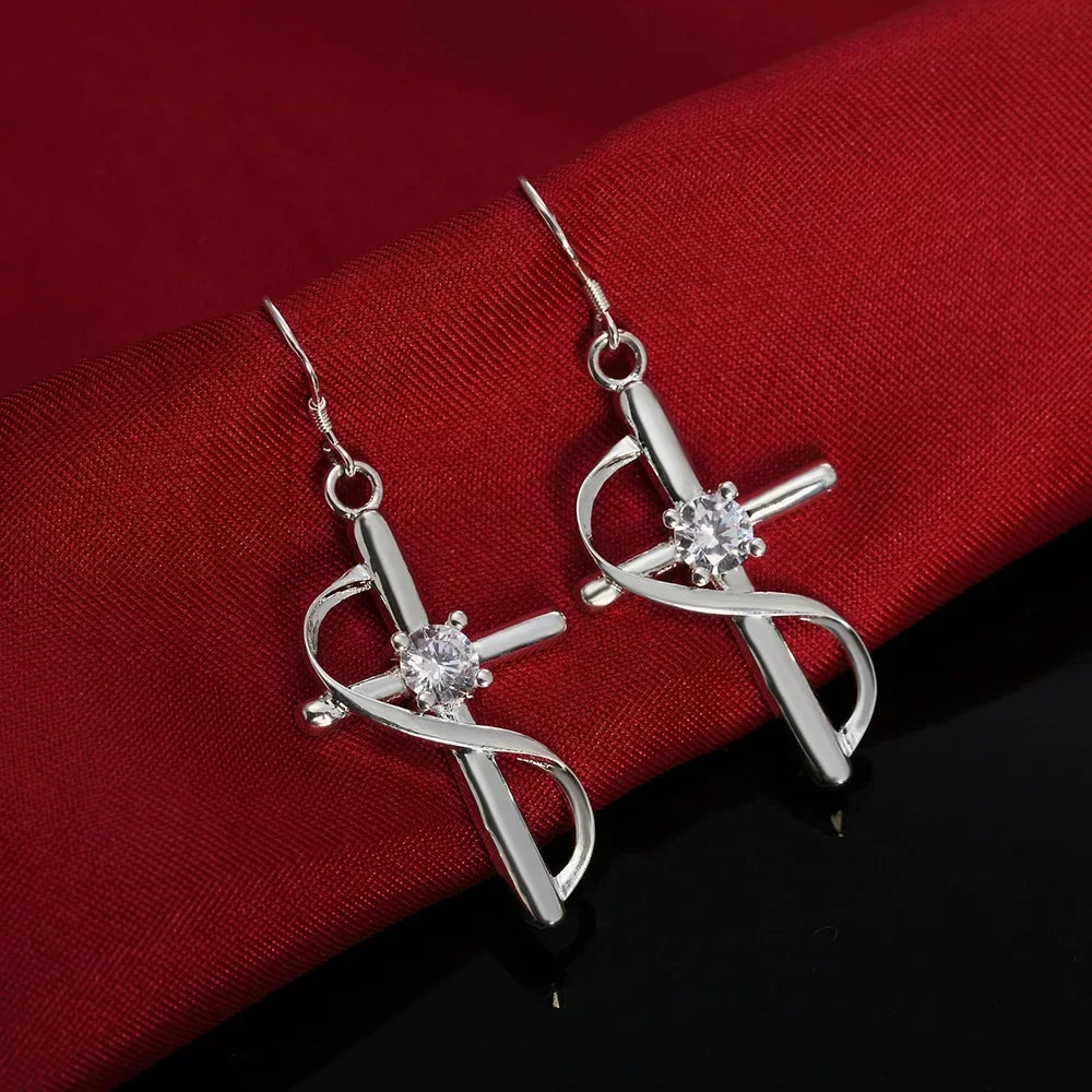 High Quality 925 Sterling Silver Earrings Fashion Jewelry Elegant Woman Crystal Cross Drop Earrings Trendsetter Christmas Gift Qme