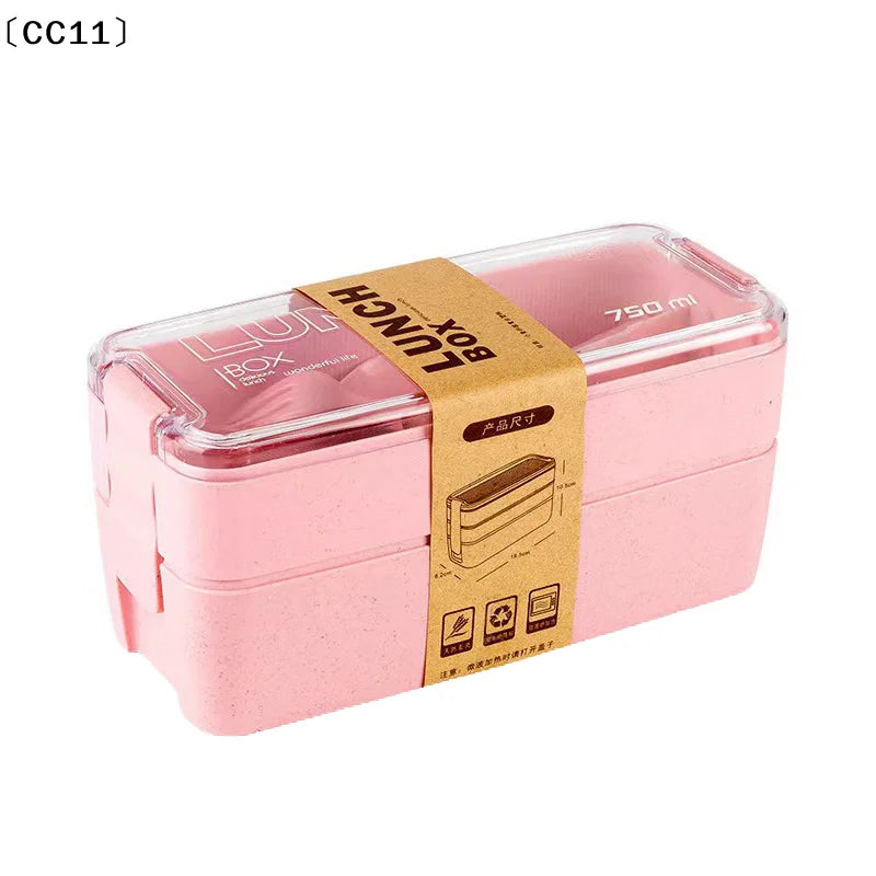 Double-layer Wheat Straw Lunch Box Fork Spoon Microwave Safe Portable Qme