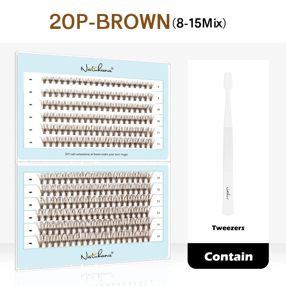 NATUHANA 10D 20D 30D 40D Cluster Eyelashes DIY Mink Individual Lashes Qme 20P Brown T Mix 8-15mm