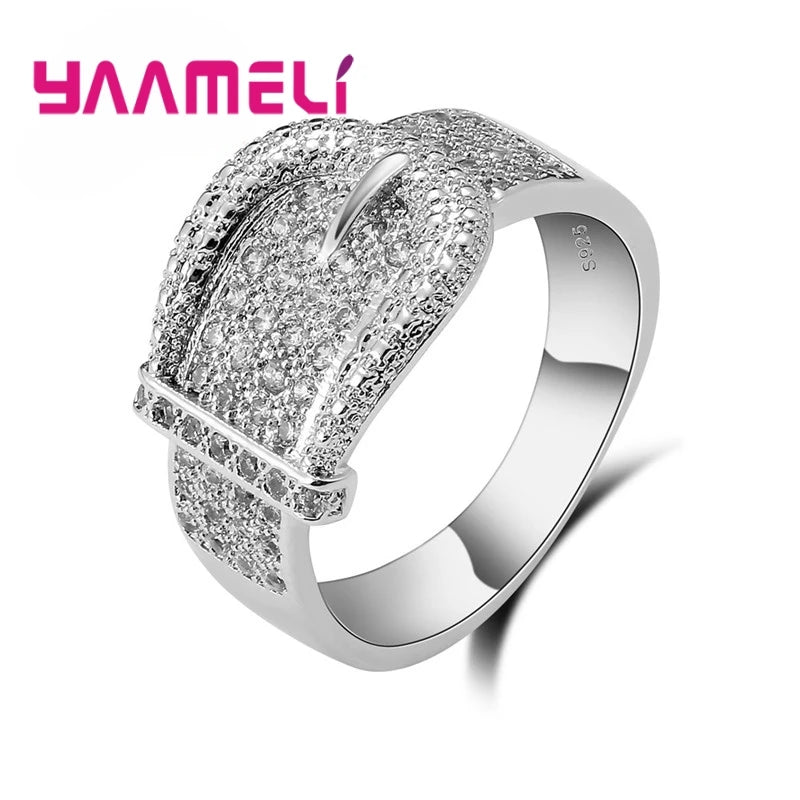 New Shiny 925 Serling Silver Color Belt Ring for Women Full Tiny Austrian Crystals Inlay Paved High Quality Hot Sale Jewelry Qme
