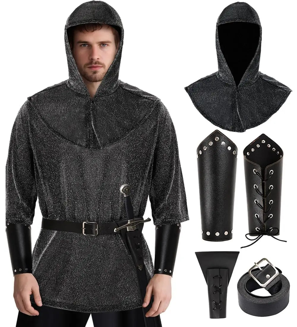Medieval Faux Chain Mail Armor Tunic Shirt Cowl Belt Renaissance Medieval Knight Halloween Cosplay Costume For Adult Qme A XXL