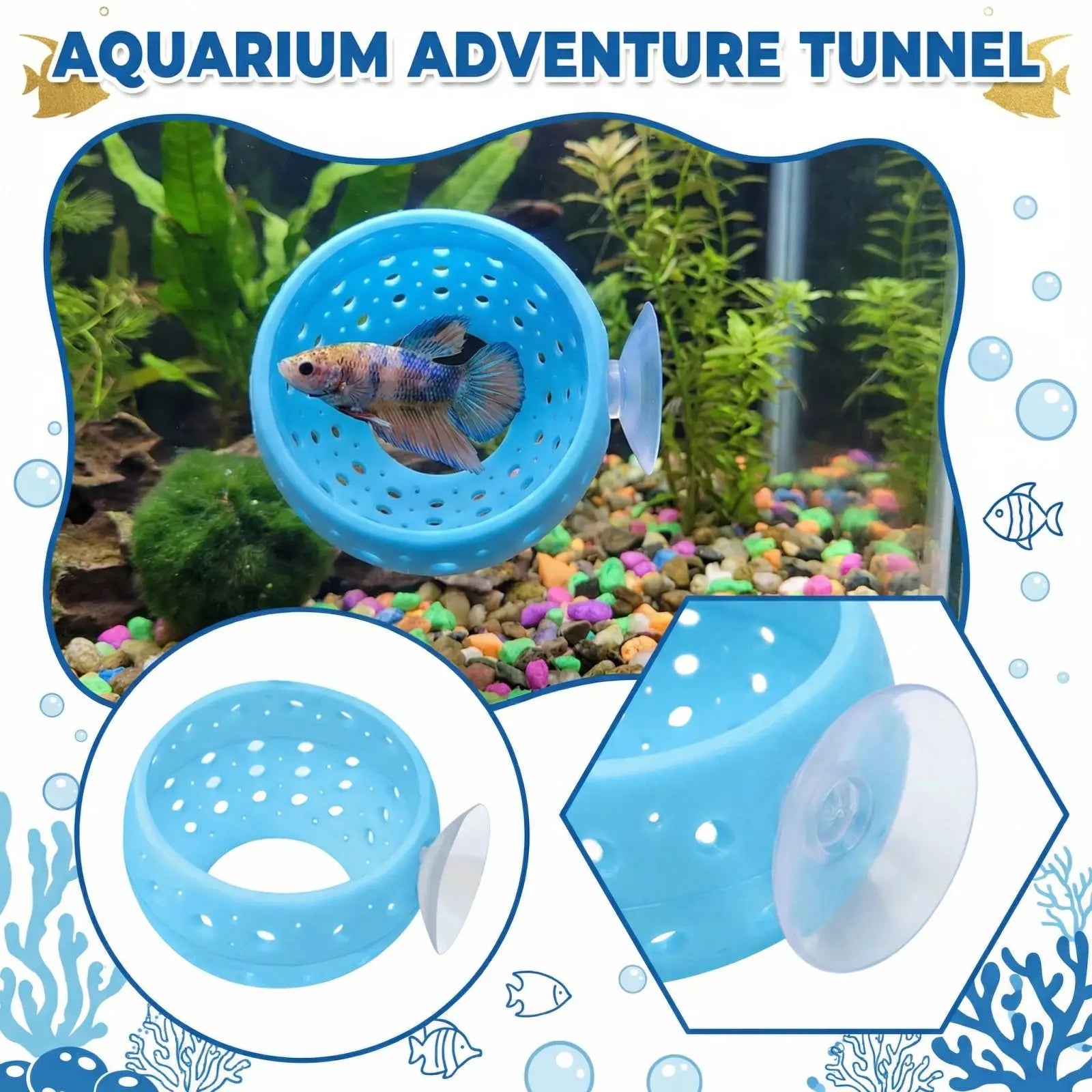 Betta Bulb Hide Tunnel Aquarium Fish Hideout with Suction Cup Shrimp Cave Aquarium Decor Fish Guppy Hiding Resting Supplies Qme Blue One Size