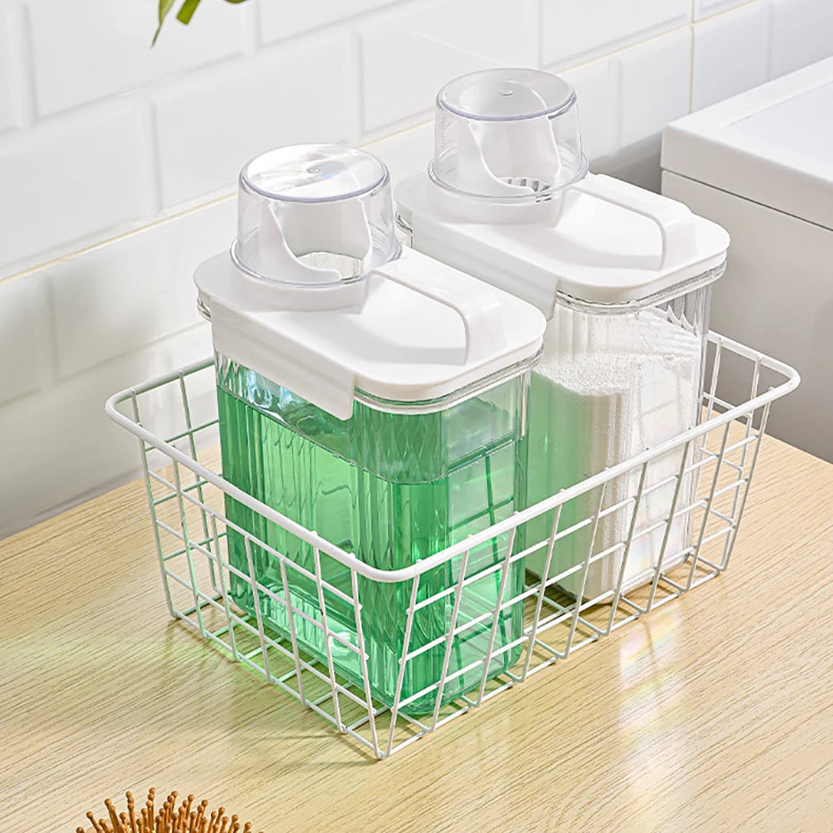 Clear Airtight Laundry Liquid Dispenser Detergent Powder Softener Dispense Tank with Measuring Cup Waterproof Labels Qme
