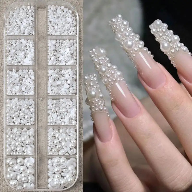 12 Grids Half Round Pearls Bead 3D Nail Charms 1 5 2 3 4 White Qme