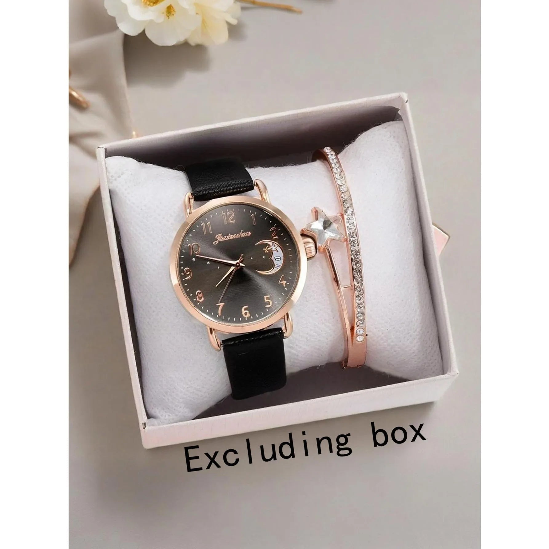 2pcs/set New Women's Personalized Bracelet Set Moon Pattern Digital Dial 2pcs Fashion Quartz Women's Watch Qme Black suit