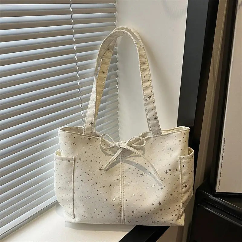 Light Blue Tote Bag With Glitter Star Pattern Bow Decor Multi Pockets For School Shopping Daily Outings Travel Qme A2