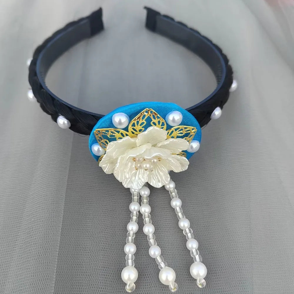 Fashion Flower Korean Headband Tassel Beaded Hanbok Hairband Pearl Qme Blue