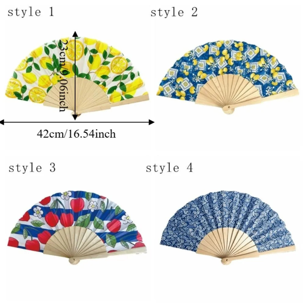 Fashion Lemon Print Folding Hand Fan Delicate Wooden Handle Cranked Qme