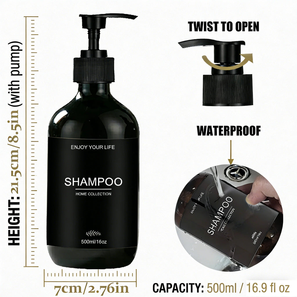 Shower Soap Dispenser Set Glossy Black Refillable Shampoo and Conditioner Body Wash Dispenser with Waterproof Labels Bathroom Qme